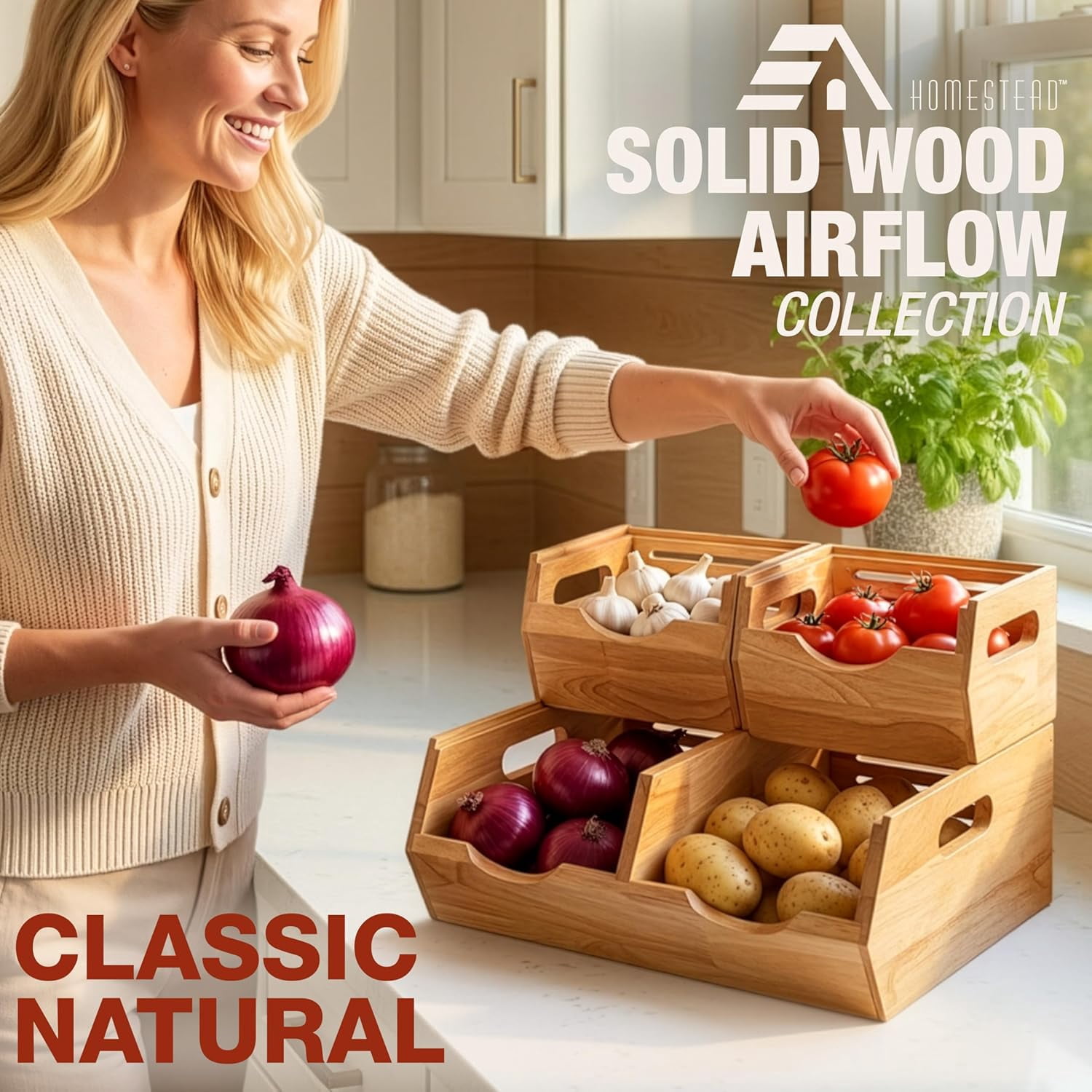 Homestead Acacia Wood Pantry Storage Bins, Stackable Bins Open Front Organizer, Ventilated Potato and Onion Storage Bins with Handles, Wooden Fruit Basket for Kitchen, Set of 3, Natural Wood