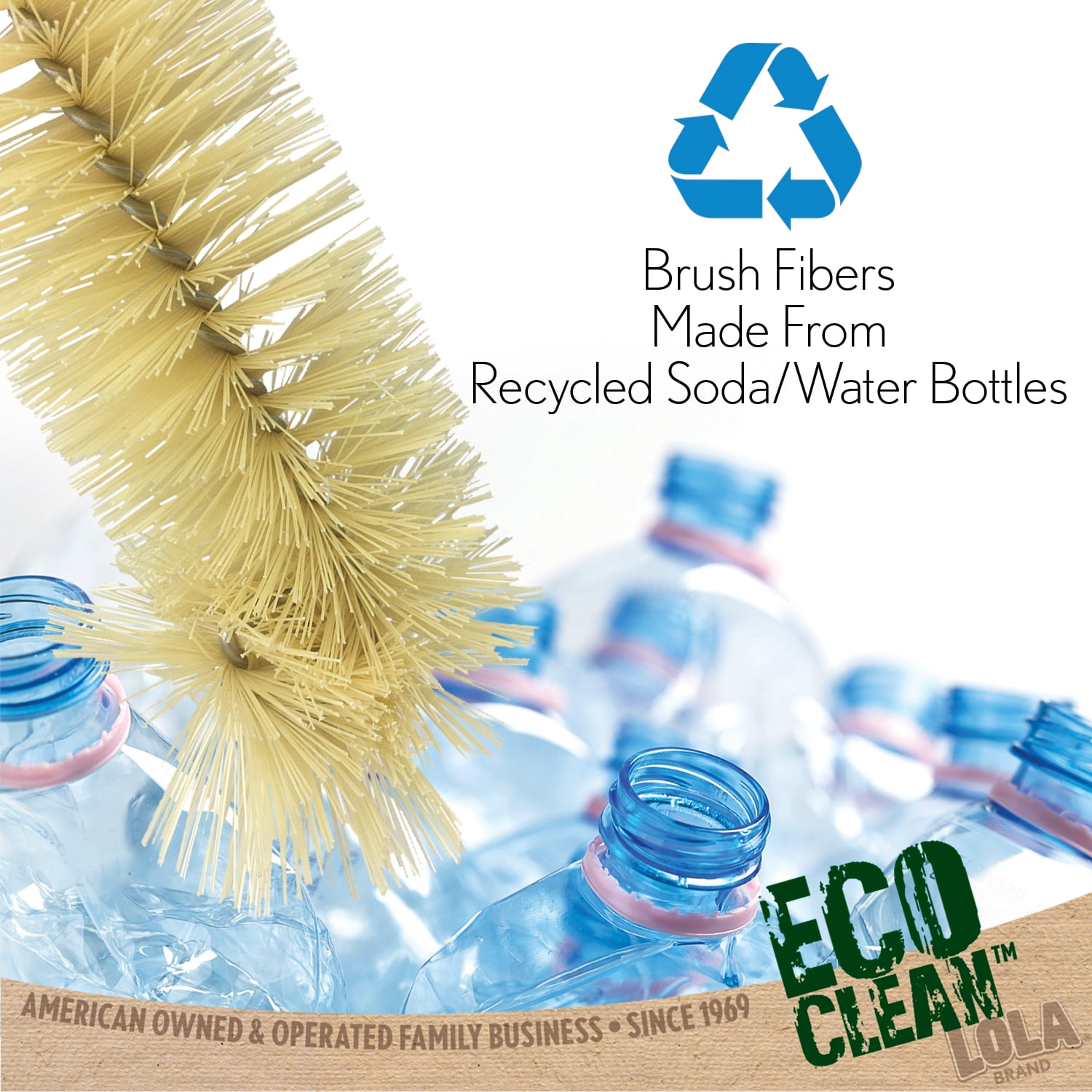 LOLA Bamboo Bottle Brush, 6 Pack, Ergonomic Durable Bamboo Handle, Non Scratch, Easy Storage, Bristles Made from Recycled Soda/Water Bottles