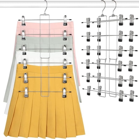 IZEYNO 3 Pack Skirt Hangers with Clips, 6-Tire Pants Hangers for Closet, Space Saving Multiple Shorts Hangers