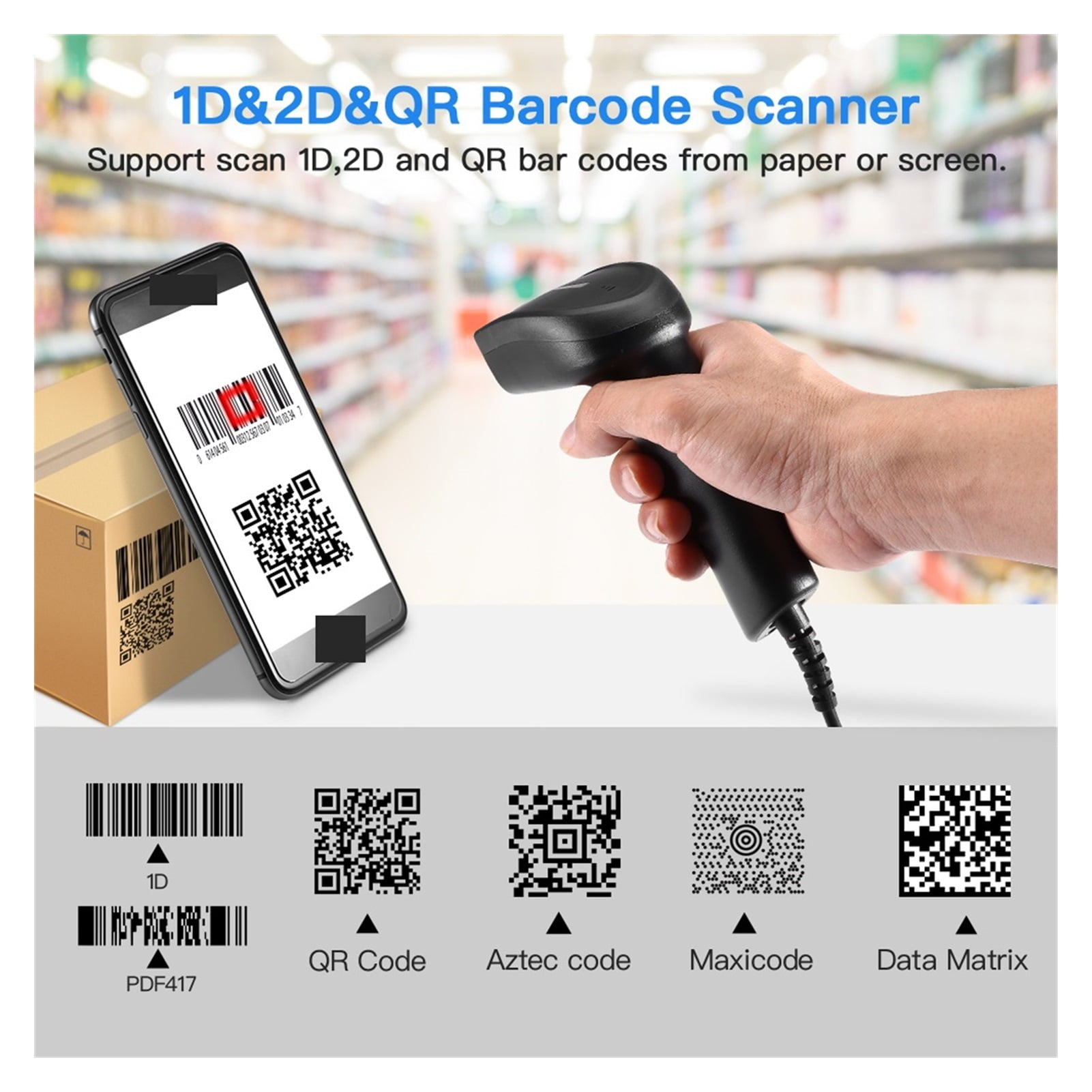 2D Barcode Scanner QR Code Scanner Portable Wired 1D 2D USB Bar Code Reader For DataMatrix ,Easy to Operate