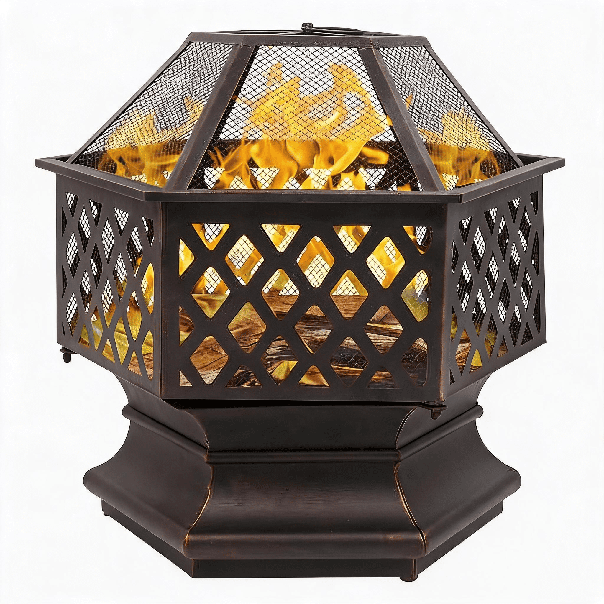 22" Hexagonal Shaped Iron Brazier Wood Burning Fire Pit Decoration for Backyard Poolside