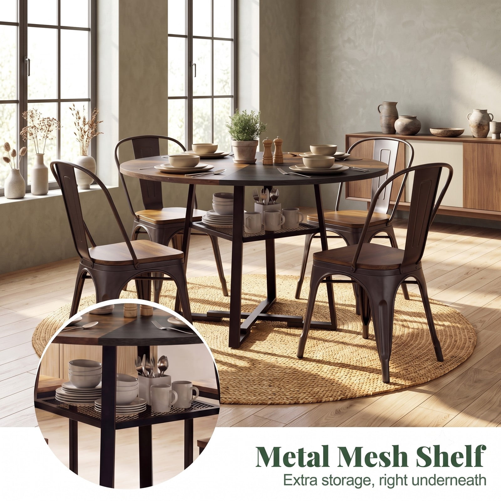 Furnibear 47.5" Round Dining Table for 4-6 with Storage Shelf, Metal Legs and Rubber Wood Frame, Farmhouse Kitchen Dinette Table with Mesh Shelf for Home, Rustic Brown