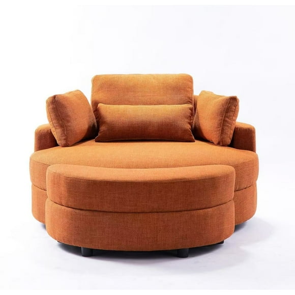 Oversized Round Barrel Chair with Storage Ottoman, 51.2" Lounge Chair with 4 Pillows, Upholstered Accent Chair for Living Room or Bedroom – Orange