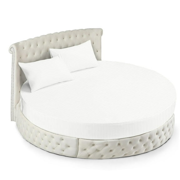 800 Thread Count Egyptian Cotton Round Bed Sheet Set - 96" diameter diameter with 15" Deep Pocket - White Stripe - Luxury Softness & Durability