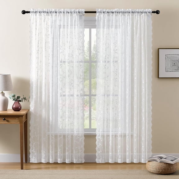 Lace Curtains 84 Inches Long, Vintage Floral Light Filtering Scalloped Edges Sheer for Living Room & Bedroom, Rod Pocket, 2 Panels Set, Branch Pattern (White, 52" W x 84" L)