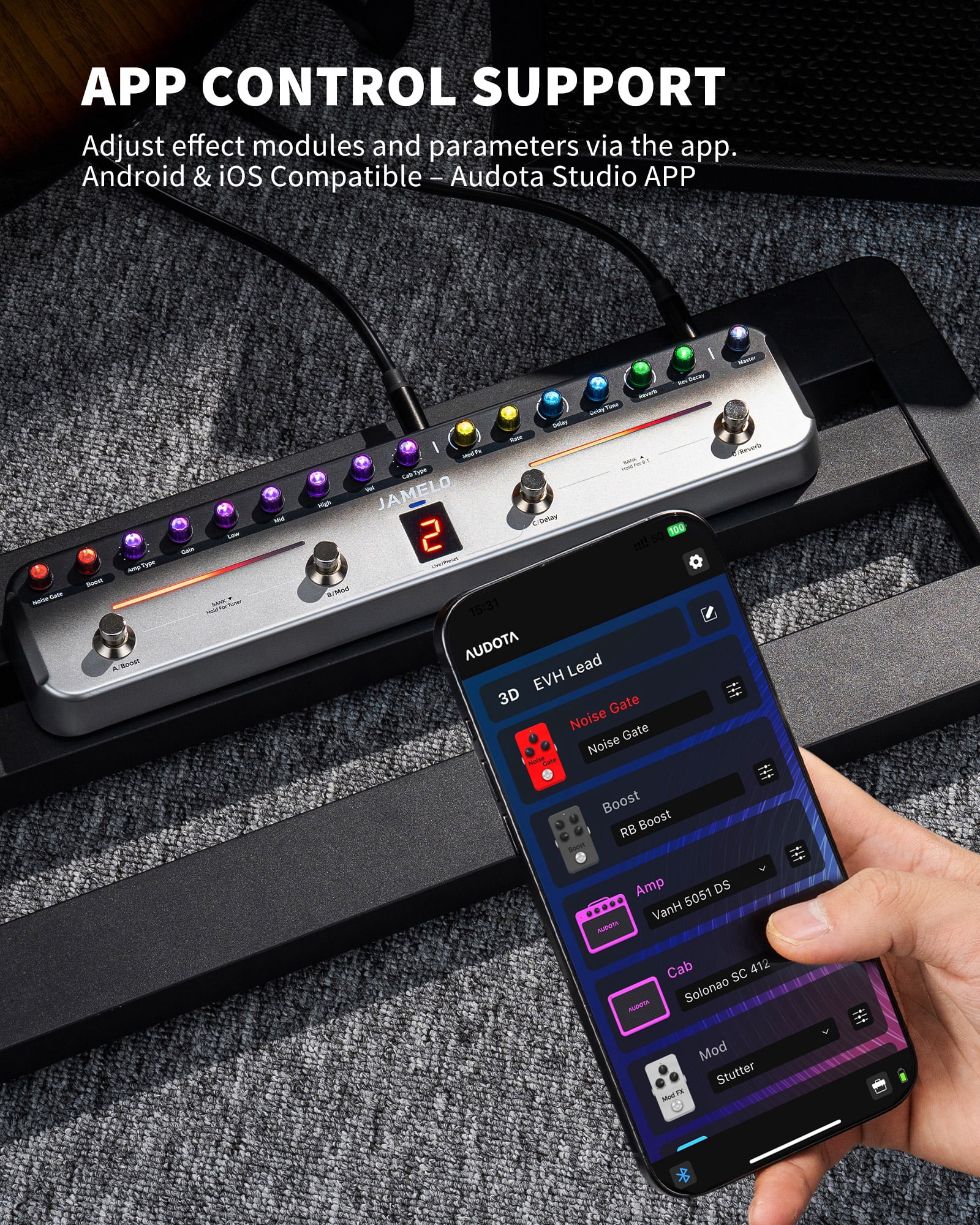 JAMELO Multi Effects Guitar Pedal,with 40 Editable Presets,7 Popular Effects Modules,Chorus,Delay,Reverb,MOD,Rechargeable Battery