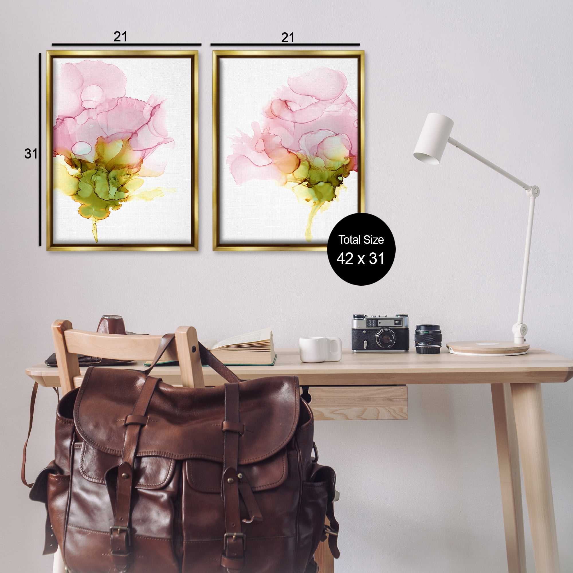 Stupell Industries Blooming Pink Ink Blossom Abstract Painting Gold Floater Framed Canvas Art Print Wall Art, 21 x 31, Set of 2
