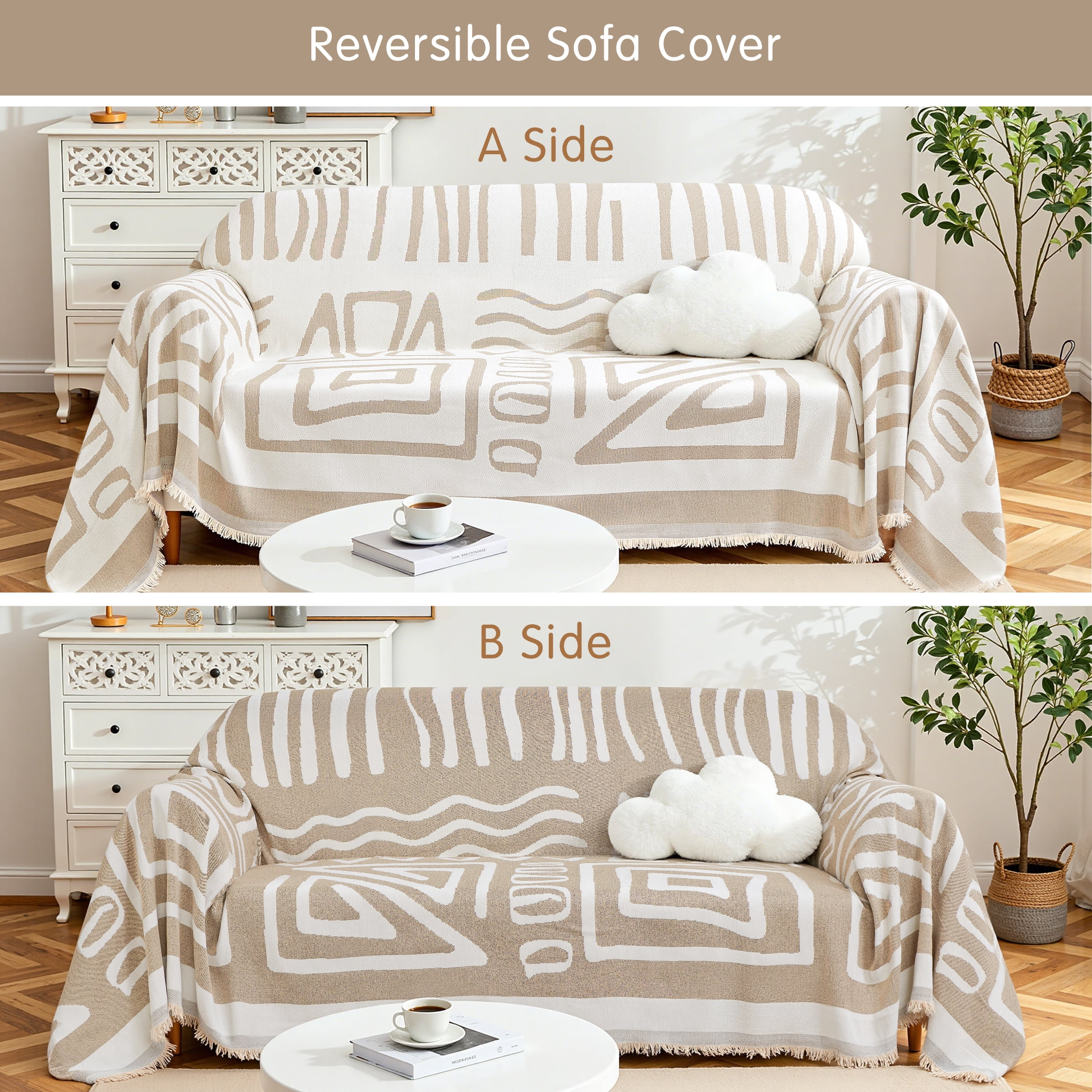 Dyfun Boho Reversible Sofa Cover - Pet-Proof Chenille Couch Protector & Decorative Throw for 3-Cushion Couches, 71"x134"