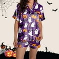 thumbnail image 7 of oqasdz Womens Halloween Pajamas Ghost Pumpkin Printed Silk Short Sleeve Button Down 2 Piece Loungewear Set Sleepwear, L, 7 of 7