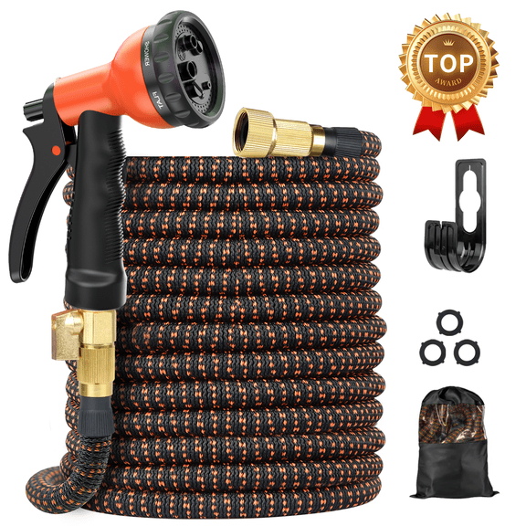25FT Expandable Water Hose – Flexible Lightweight No-Kink Garden Hose for Outdoor Watering, Car Wash, Lawn & Yard with Leakproof Brass Fittings, Durable Expanding Water Hoses, Black Orange