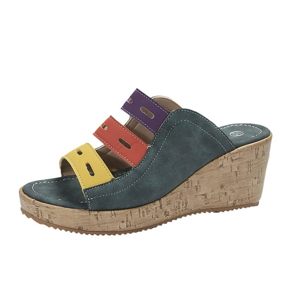 IUJSOY Womens Platform Wedge Sandals Open Toe Cork Multicolor Cutout Slides Casual Summer Shoes