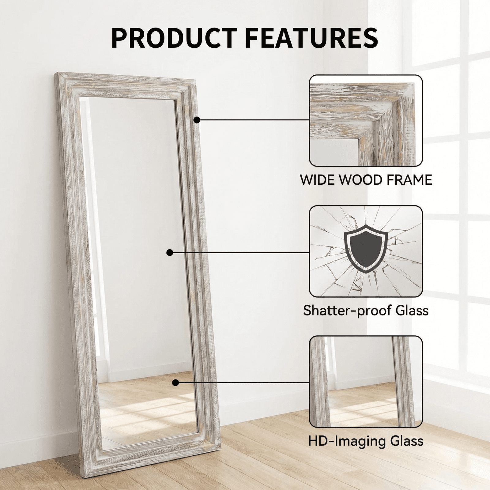 AUROMIR 30"x 71" Classic Paulownia Wood Framed Rectangle Full Length Mirror, White