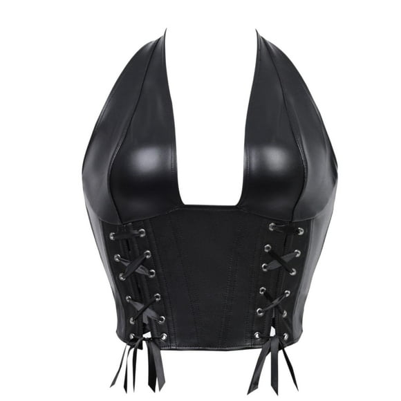 Haut Corset Noir pour Femme en Cuir à Arêtes de Poisson Noir, Tour de Cou, Sans Bretelles, Corset Moulant, Design Chic et Tendance, Haut en Cuir Noir