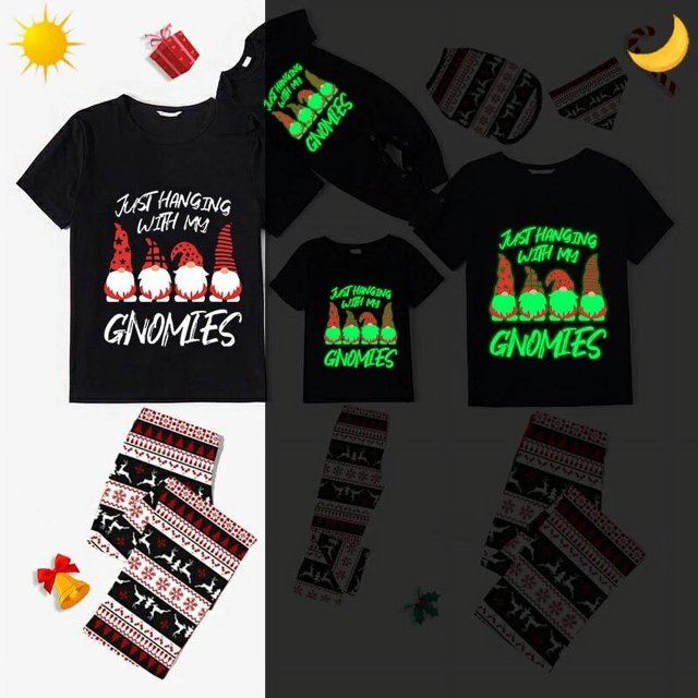 Pijama familiar a juego de Navidad, luminoso, brillante, colgante con My Gnomies, negro, corto, conjunto de pijamas