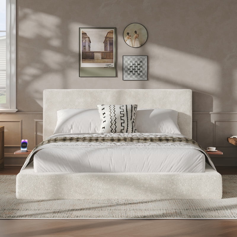 Howcool Queen Size Low Profile Bed Frame with Adjustable Sliding Side Table,Upholstered Sponge Bed,No Box Spring Needed,Easy Assembly