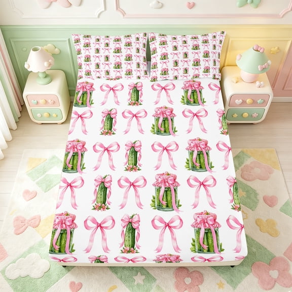 Manfei Cartoon Food Print Fitted Sheet Full,Cute Pink Bowknot Bed Set,3pcs,1 Fitted Sheet and 2 Pillowcases
