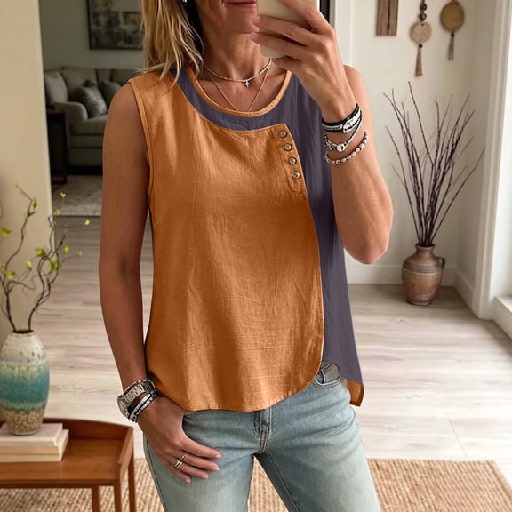 NTACZA Tank Tops Cotton Round Neck Casual Button Sleeveless Color Blocks Cute Summer Tops for Women