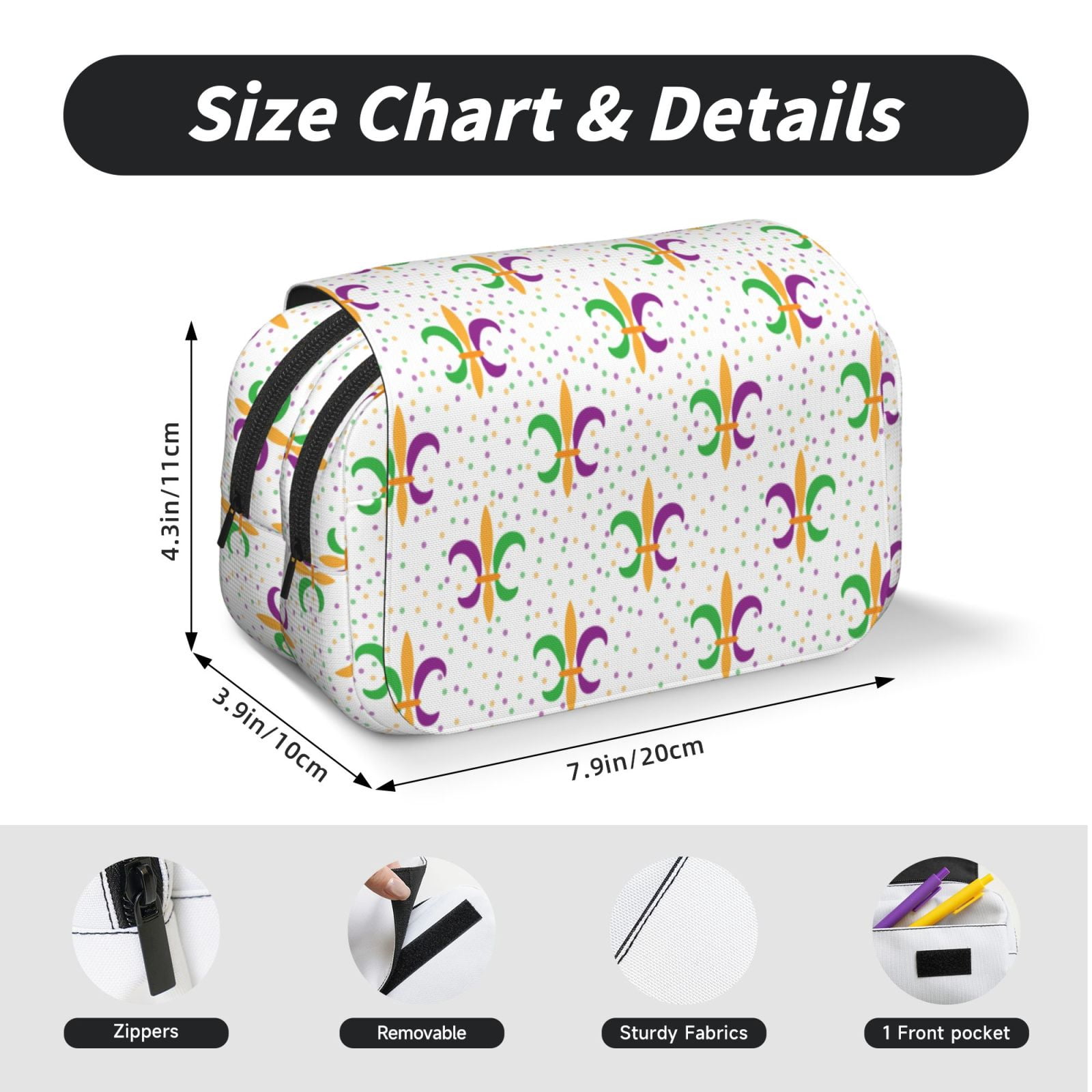 Rateoe Mardi Gras Carnival1 Pattern Double Clamshell Pen Case, Storage Organizer with Two Zipper Compartments– Holds Up to 50 Pencils & Pens