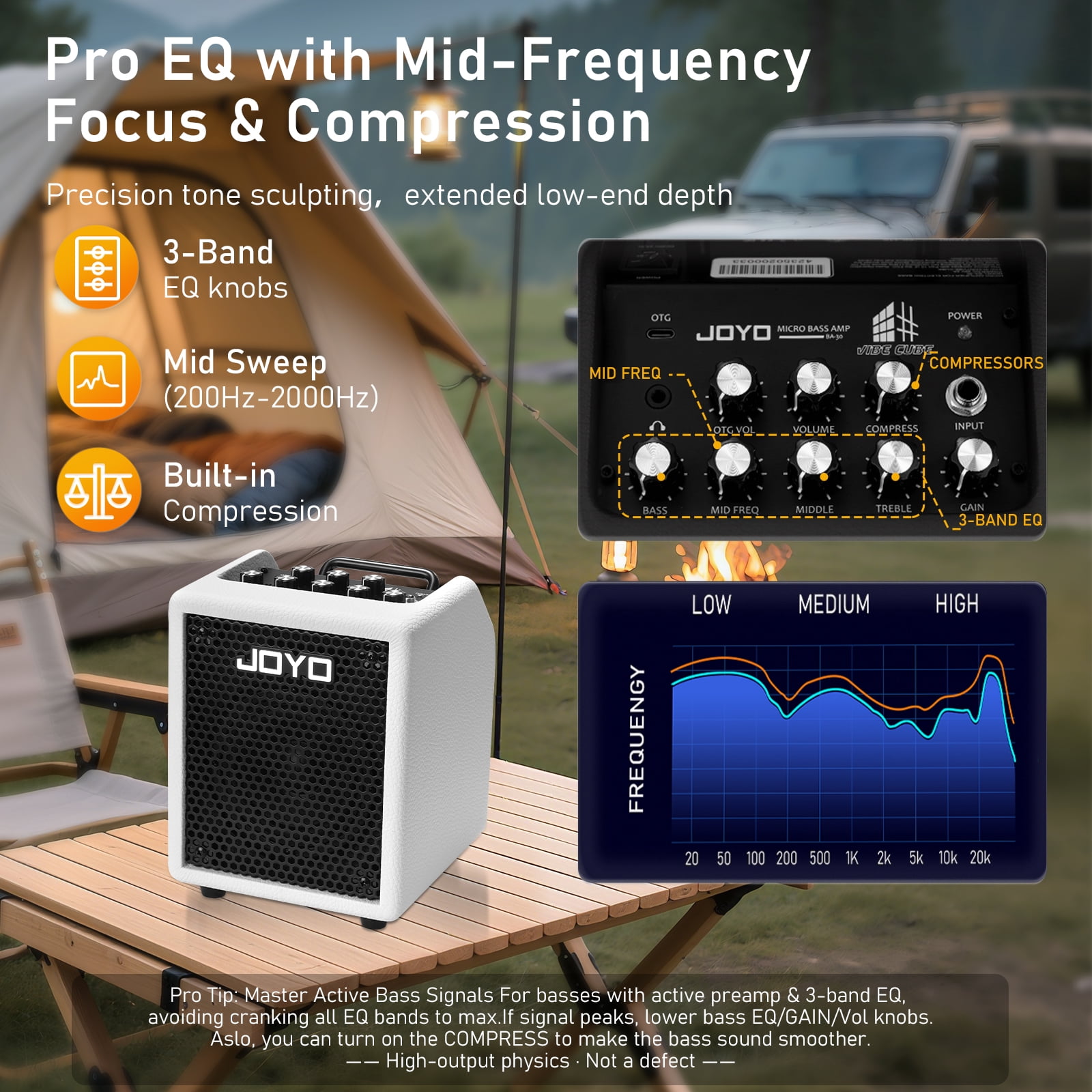 JOYO 30W Bass Combo Amplifier Portable Amp 4" Speaker with 3-Band EQ & Compressor | Bluetooth 5.1 + OTG Direct Recording | Headphone Practice for Bassist Solo Livestream Gigs (Vibe Cube BA-30, White)