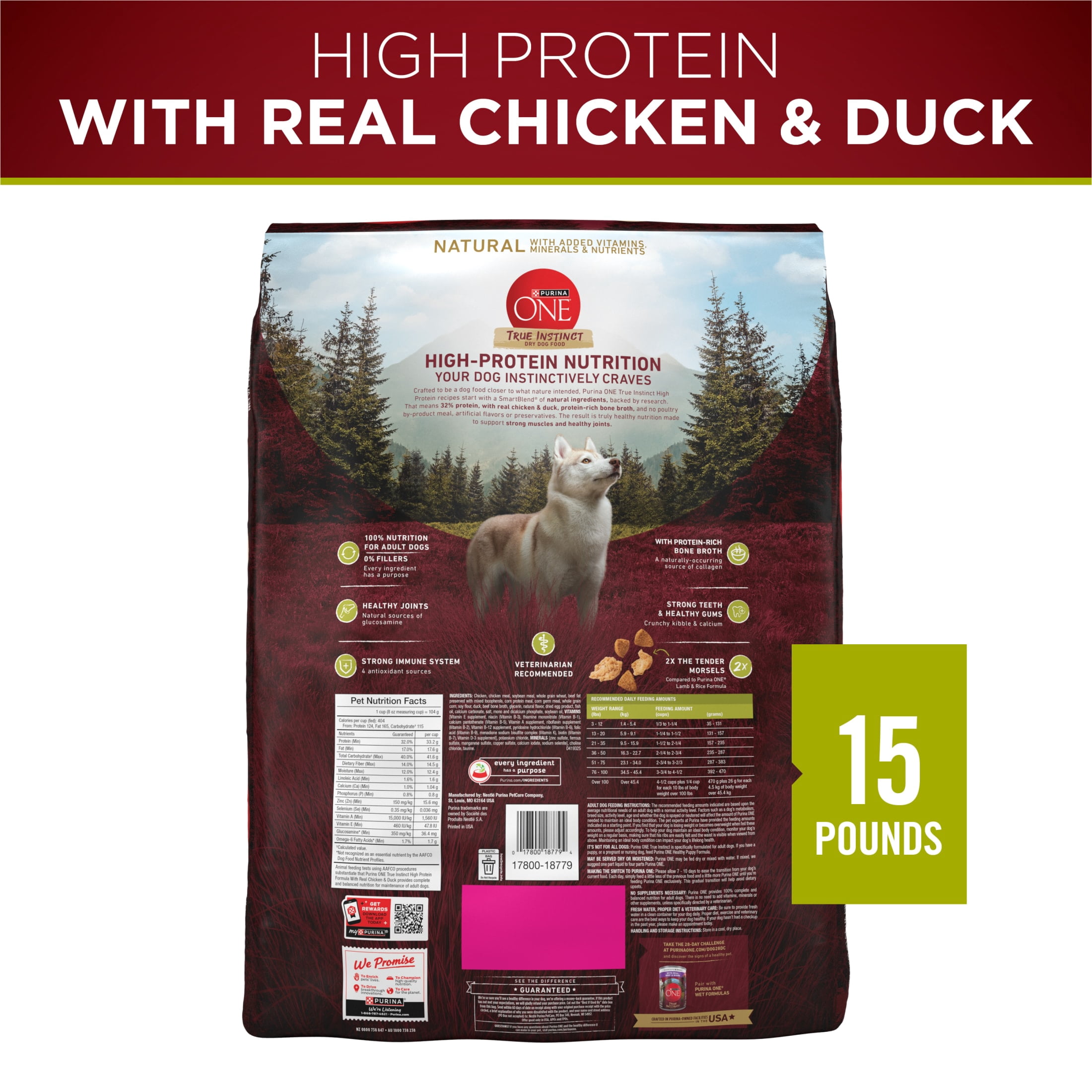 Purina One True Instinct High Protein Dry Dog Food, Muscle & Joint Support, Chicken & Duck, 15 lb Bag