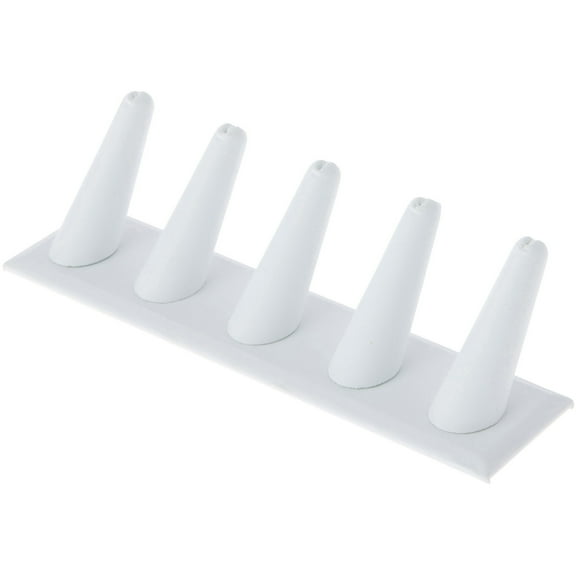 Plymor White Faux Leather Ring Finger Display, Five on Rectangular Base, 8" W x 2.125" D x 2.5" H
