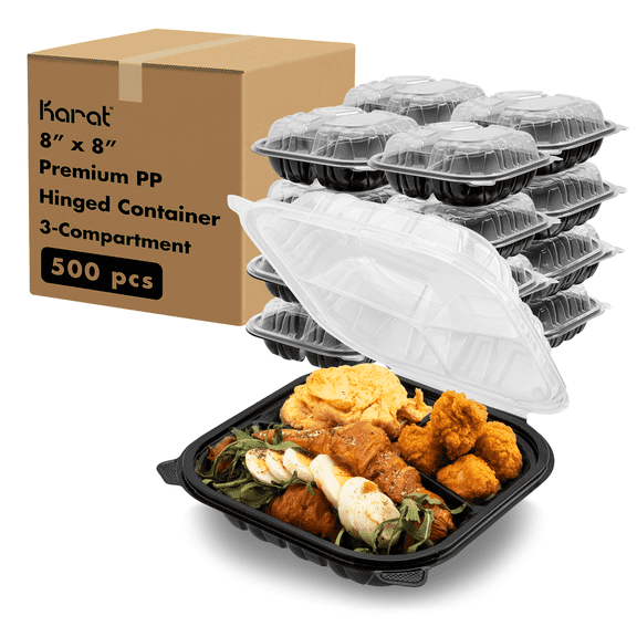 Karat 8" x 8" 3-Comparment Premium PP Hinged Container with Segmented Lid - 150 pcs