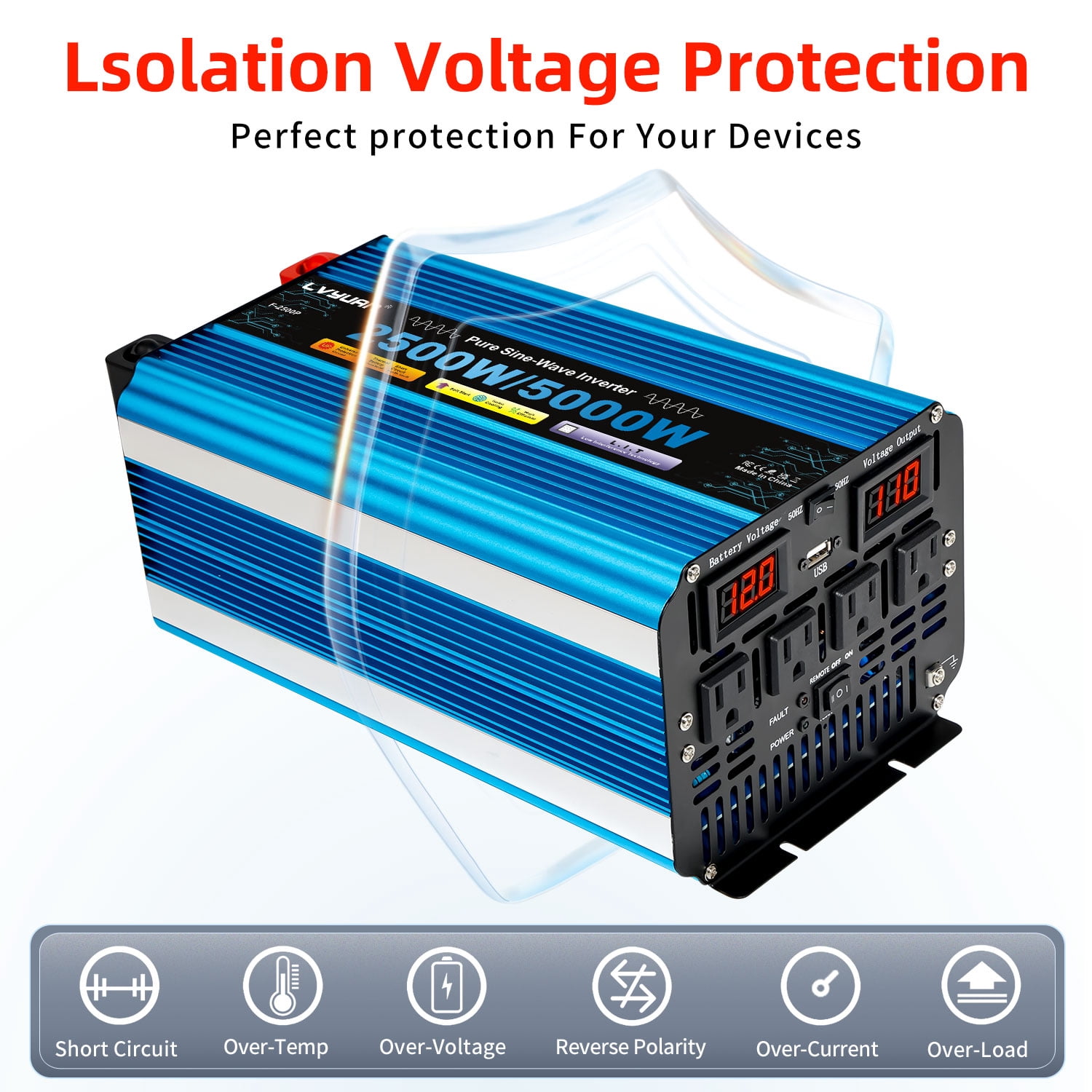 LVYUAN 2500W 5000W Peak Pure Sine Wave Power Inverter 12V DC to 110V AC Converter, 60Hz/50Hz, 4 AC Outlets + USB, LED Display, Remote Control for Car, RV, Camping & Home Backup