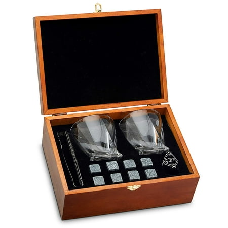 Whiskey Stones and Whiskey Glass Gift Boxed Set - 8 Granite Chilling Whisky Rocks + 2 Crystal Glasses in Wooden Box - Great Gift for Father's Day, Dad's Birthday or Anytime For (Best Crystal Rocks Glasses)