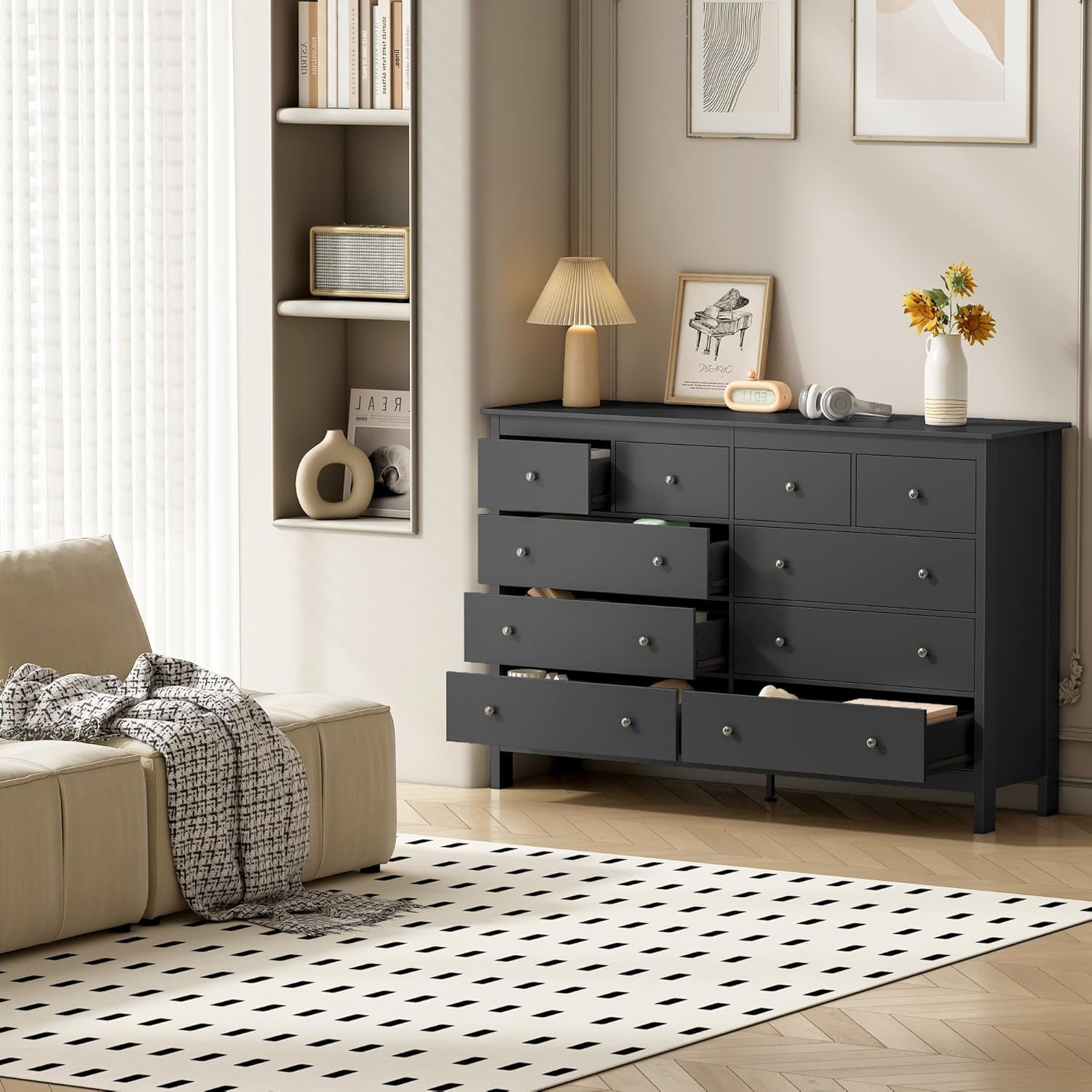 Akaber 10 Drawer Dresser, 55" Modern White Dressers, Chest of Drawers, Wooden Wide Dresser for Bedroom, Living Room, Black