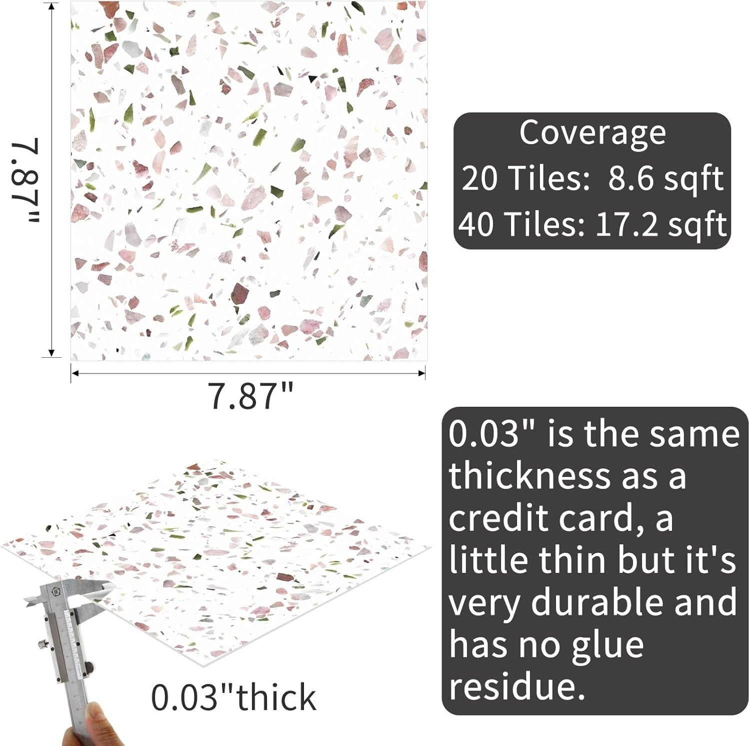 MORCART 20-Pack Terrazzo Peel and Stick Floor Tiles, 7.87" x 7.87" Waterproof Vinyl Flooring, 8.6 Sq. Ft. Coverage DIY Self-Adhesive Floor Stickers