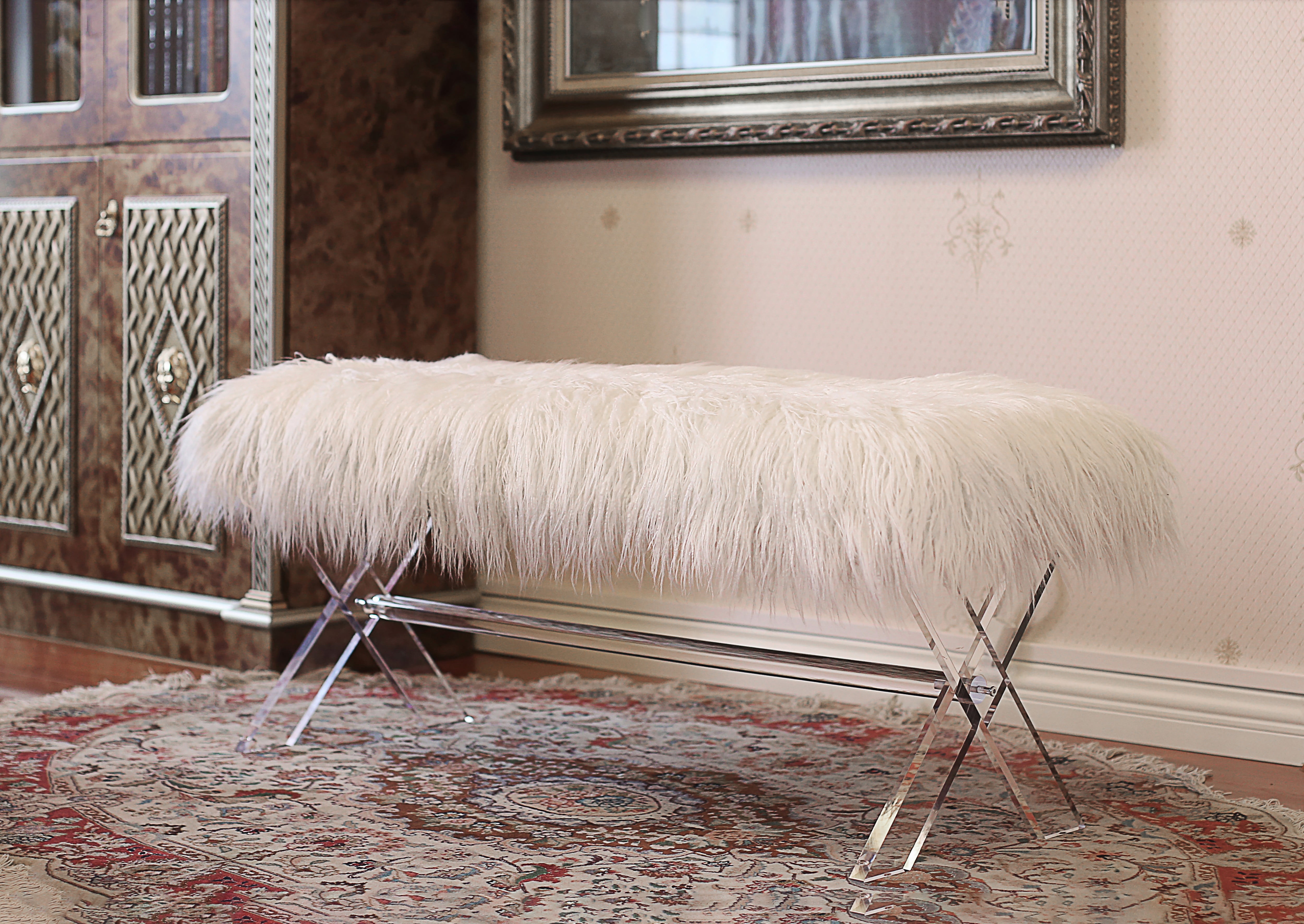 Fur Bench with Acrylic Legs (White or Pink)