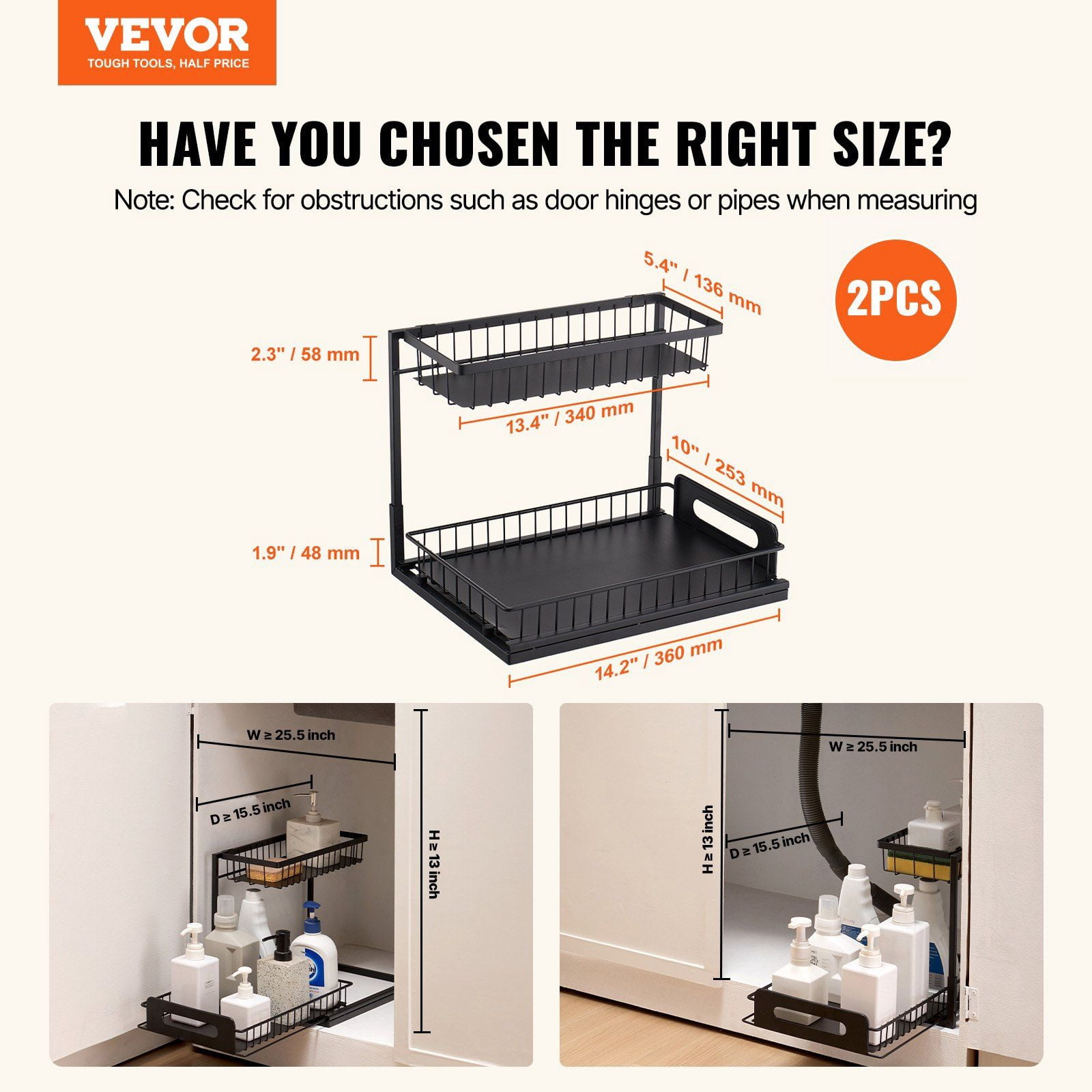 2 Tier Pull Out Cabinet Organizer Under Sink Storage Slide Out Drawer Wire Basket Shelf 25.5Wx15.5Dx13H Install Size 2 Pack