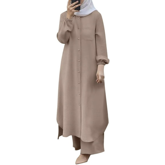 Women's 2 Pieces Sets Long Sleeve Button Down Shirt And Pants Abaya Casual Dress Dubai Outfits