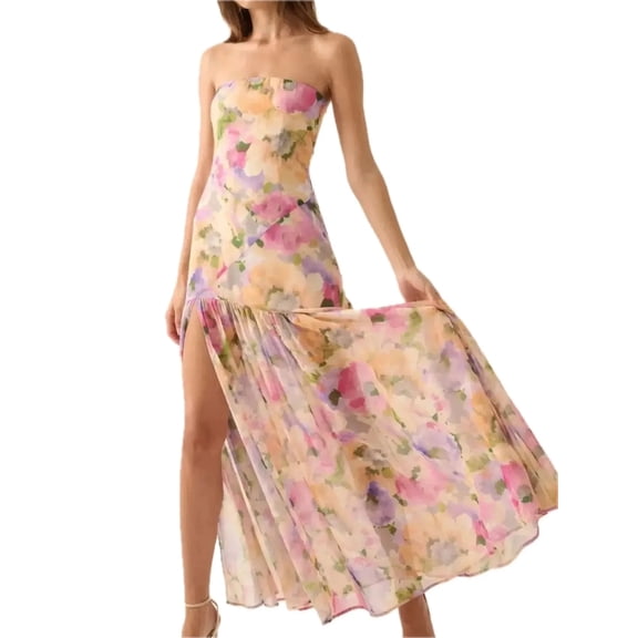 Women's Strapless Floral Maxi Dress with Side Slit Ruched Bodice Lightweight 100% Polyester Fabric for Summer Occasions
