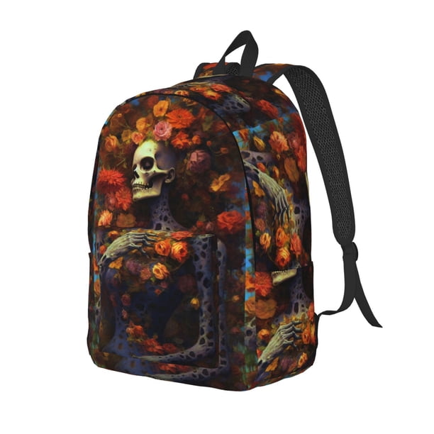 Disketp Vintage Floral Skull Mochila de Lona Estampada, Mochila Escolar de Viaje Ligera para Estudiantes y Portátil-Medium