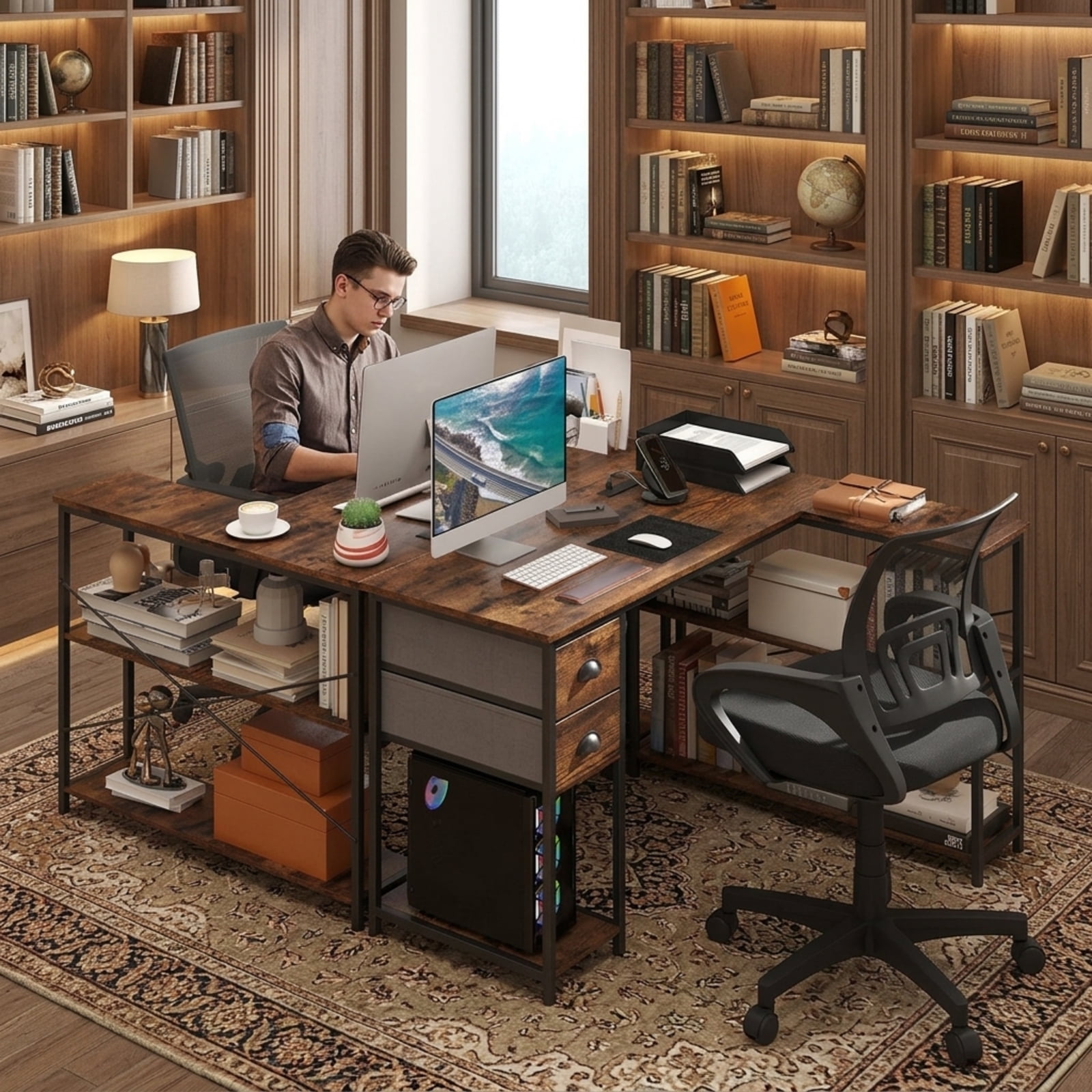 Furnibear L Shaped Desk with Charging Station, Corner Computer Desk with 2 Fabric Drawers Open Shelves and Metal Frame for Home Office, Rustic Brown