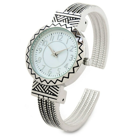 Silver Metal Western Style Round Face Decorated Women's Bangle Cuff Watch