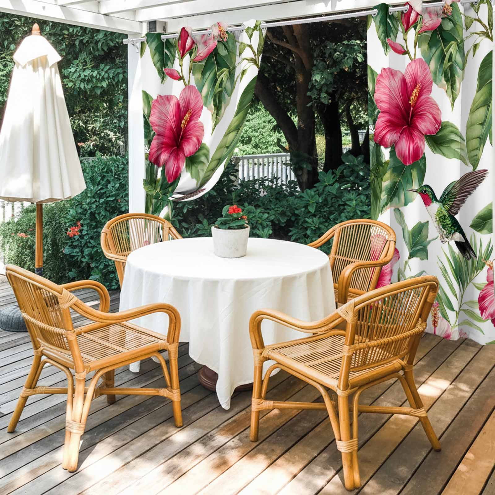 Red Flower Outdoor Curtains for Patio, Tropical Botanical Hibiscus Green Leaf Summer Sunshade Privacy Drapes Grommet Waterproof Outside Curtains for Porch/Cabana/Balcony 54"x 108", 1 Panel