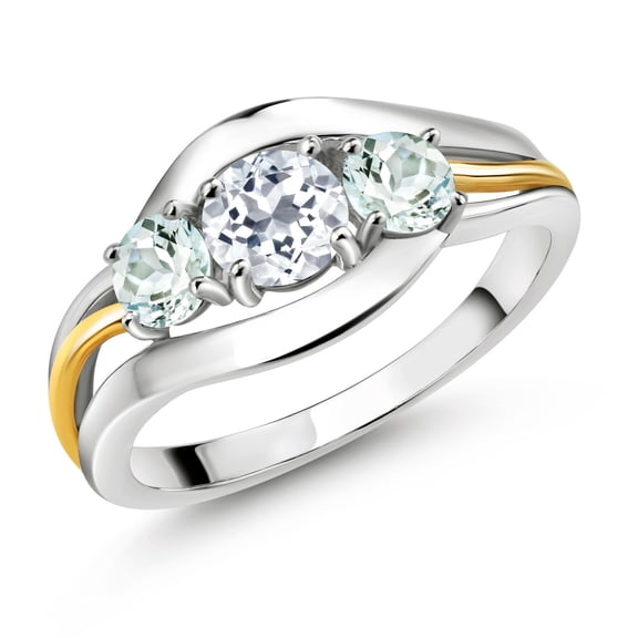 Gem Stone King 925 Sterling Silver and 10K Yellow Gold Round White Topaz and Sky Blue Aquamarine 3 Stone Ring for Women (1.10 Cttw, Size 7)