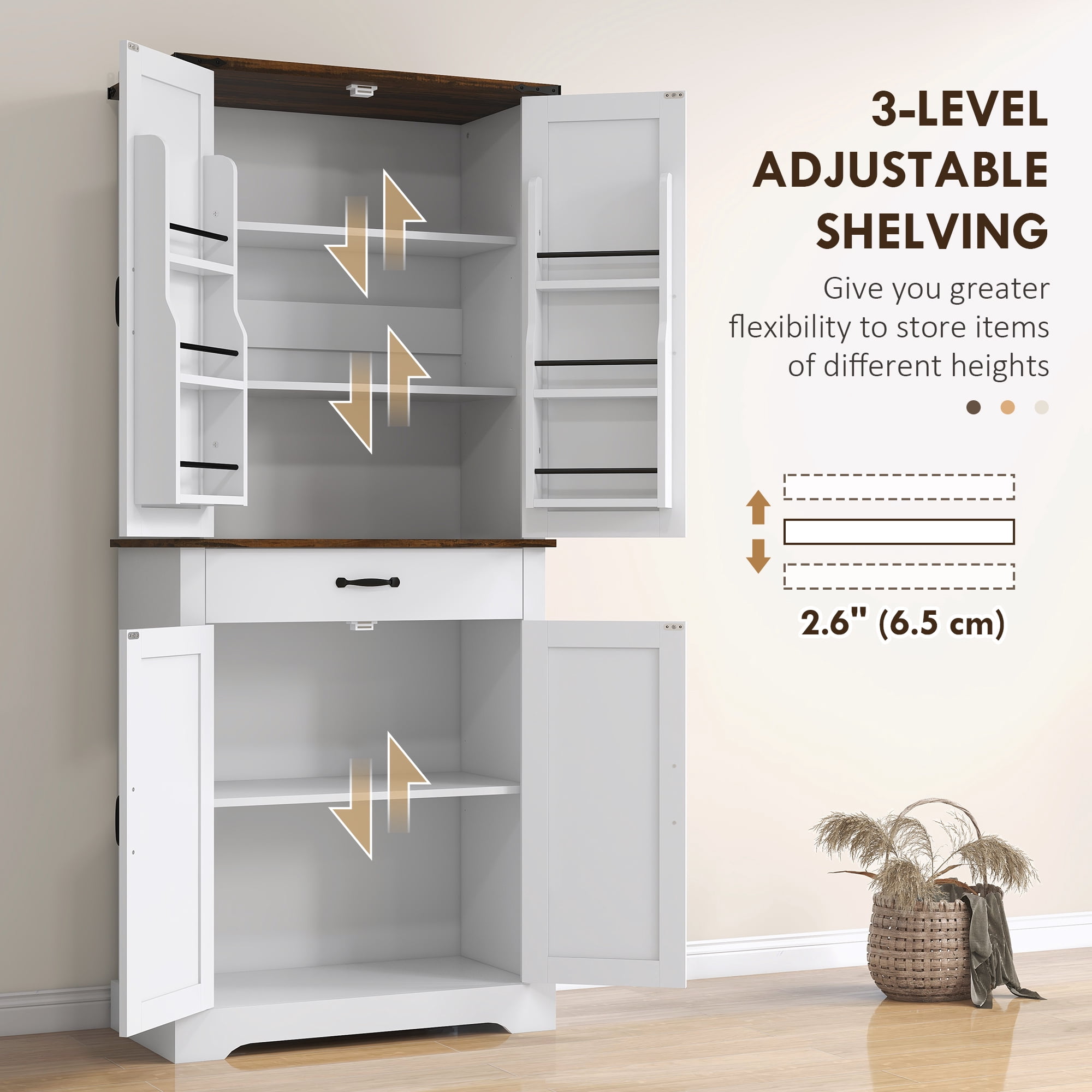 HOMCOM Tall Kitchen Pantry Cabinet, Farmhouse Storage Cabinet with Barn Doors, 6 Door Shelves, Drawer, Adjustable Shelves, Freestanding Cupboard
