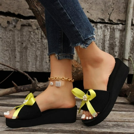 

Zpanxa Slippers for Women Fashion Women s Shoes Casual Round Toe Wedge Heel Bow Slippers Pearl Sandals Flip Flops for Women Yellow 37