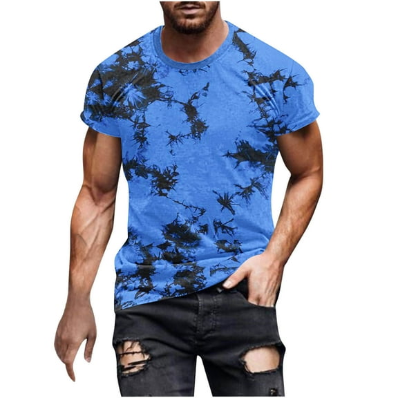 Yufatyle Short Sleeve Shirts for Men Crew Neck Shirts for Men Short Sleeve Quick Dry Fashion Tie-dye T-Shirts, Blue-L