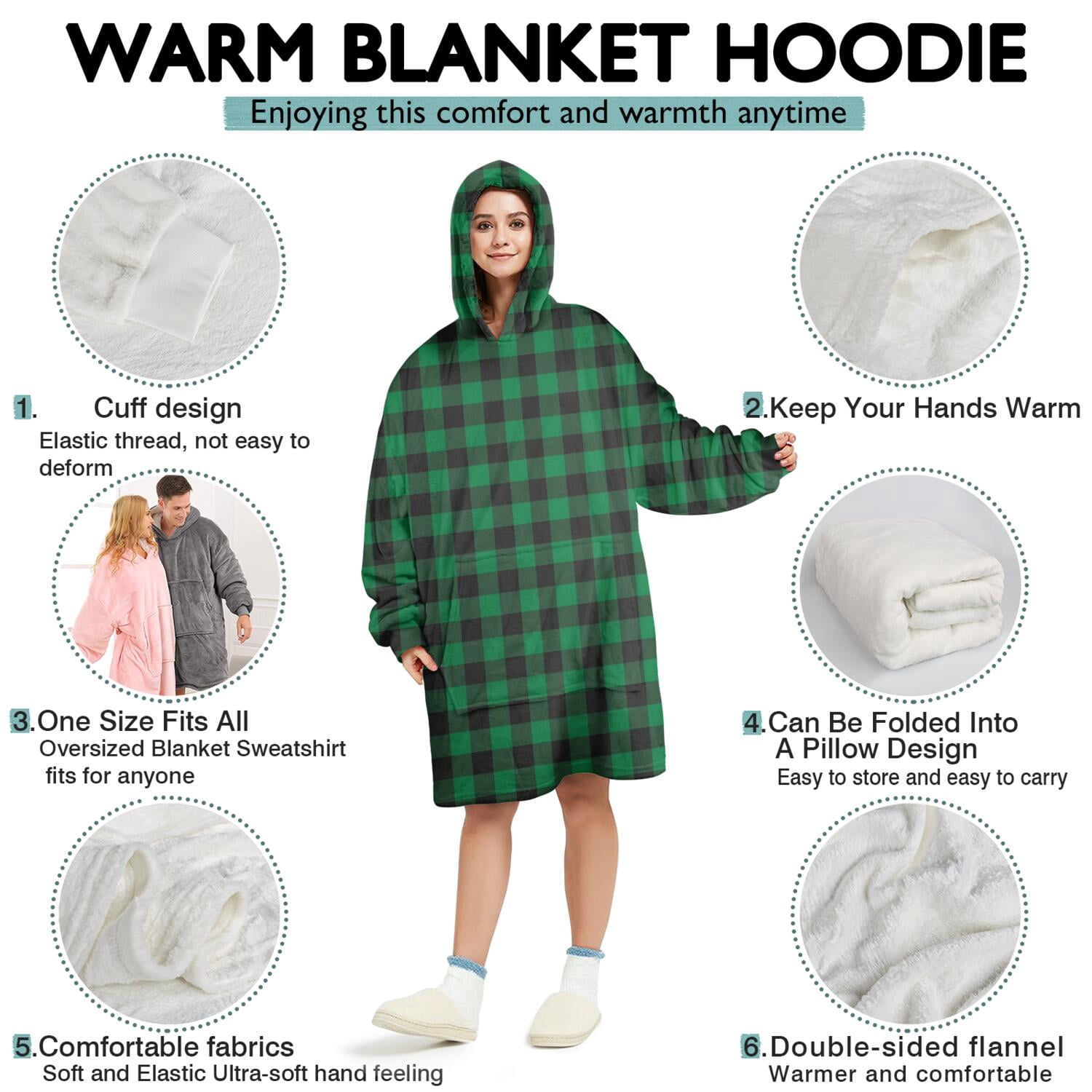Green Black Checkerboard Checkered Pattern Wearable Oversized Blanket,Wearable Blanket Hoodie for Adults,Cozy Hooded Blankets with Super Pockets,Super Warm Fuzzy Pullover for Women & Men