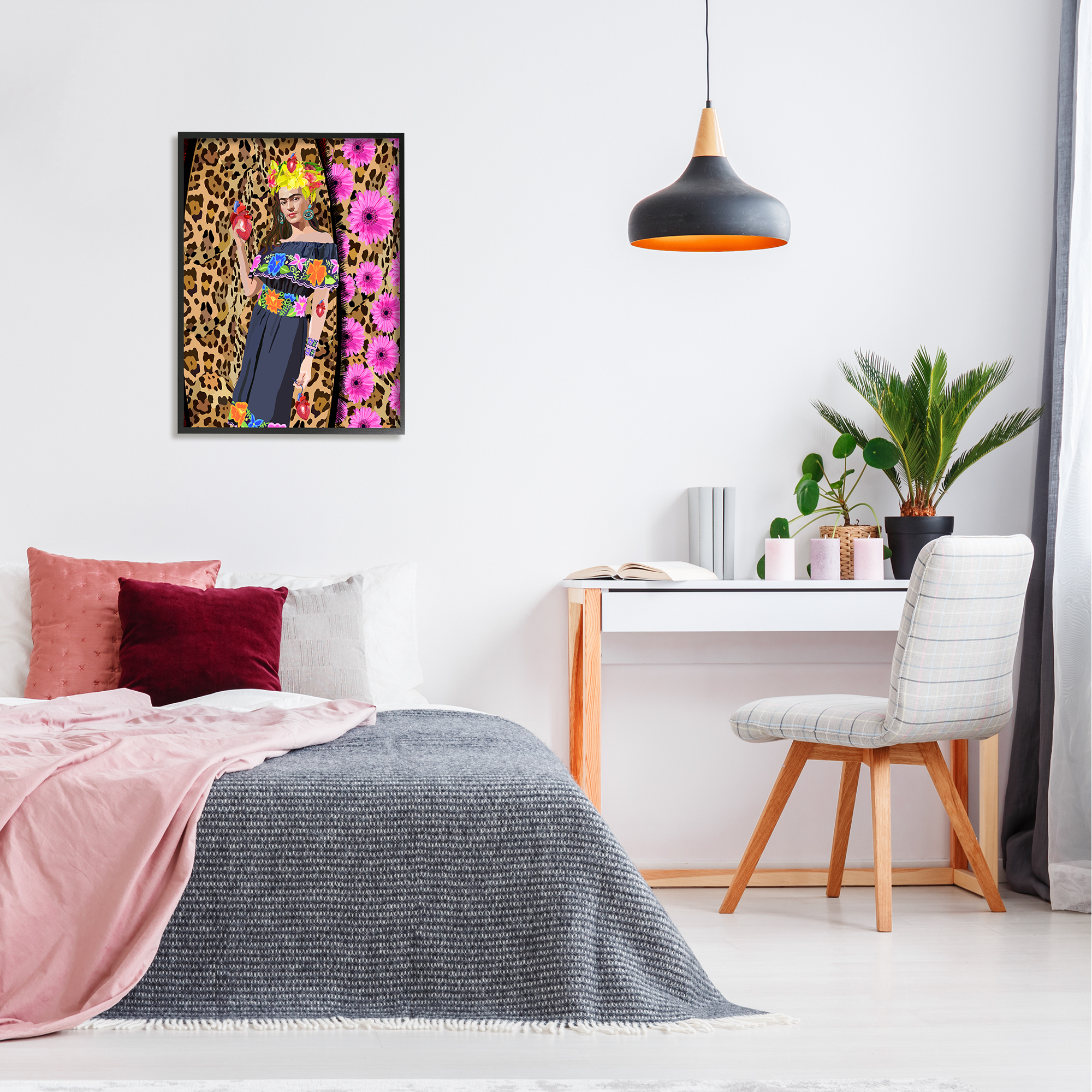 Stupell Industries Glamorous Frida Standing Leopard Pattern Bold Floral Graphic Art Black Framed Art Print Wall Art, 24x30, by Lynnda Rakos
