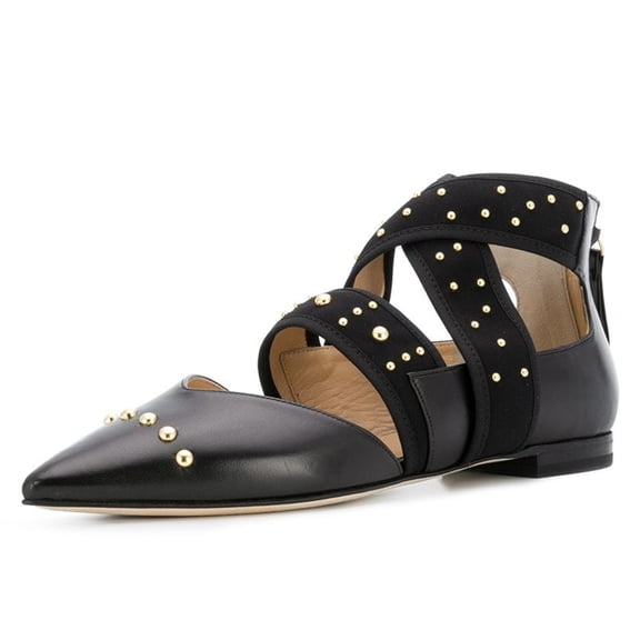 XYD Women Chic Pointed Closed Toe Back Zip D'Orsay Studded Flats Elastic Strappy Casual Shoes Size 7 Black
