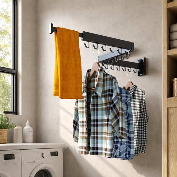 Collapsible Aluminum Alloy Laundry Drying Rack, Wall Mounted Black Clothes Hanger Rack with Hooks, 45 Inch Foldable Drying Rack for Clothing