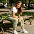 thumbnail image 7 of Hurxie Girls Cargo Pants Elastic Waist Wide Leg Jogger Pants Pockets Parachute Pants Y2K Trousers Mint Green,14-15Years, 7 of 7