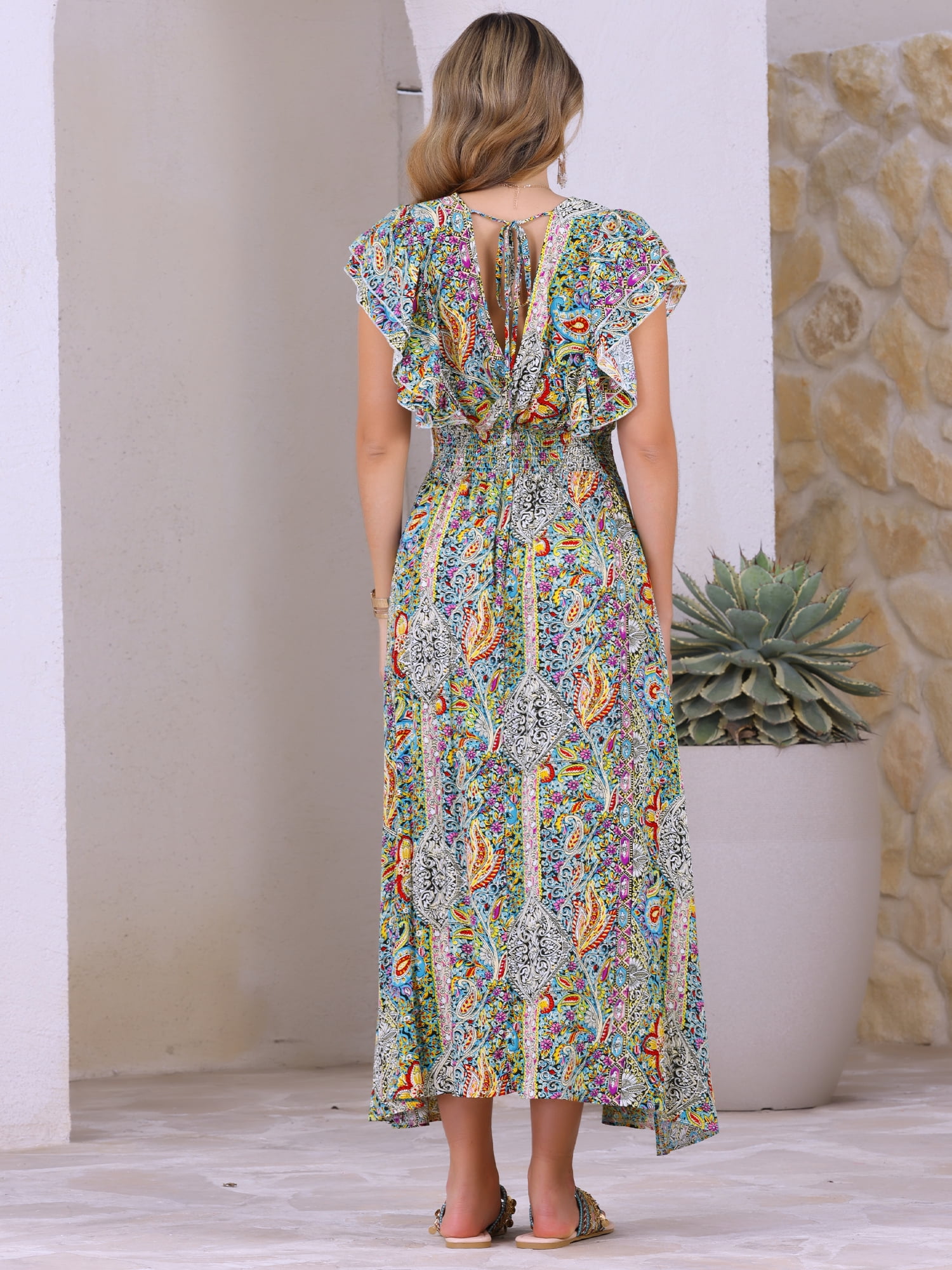 DARING DIVA Floral V Neck Shirred Elastic Waist Split Flowy Long Dress S Multicolor