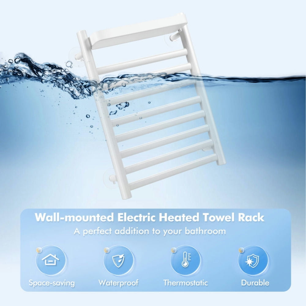 Finihen Wall Mounted Towel Rack, Electric Heated Towel Rack, 110W Electric Heated Towel Rack with Top Tray, for Bathroom and Kitchen, White