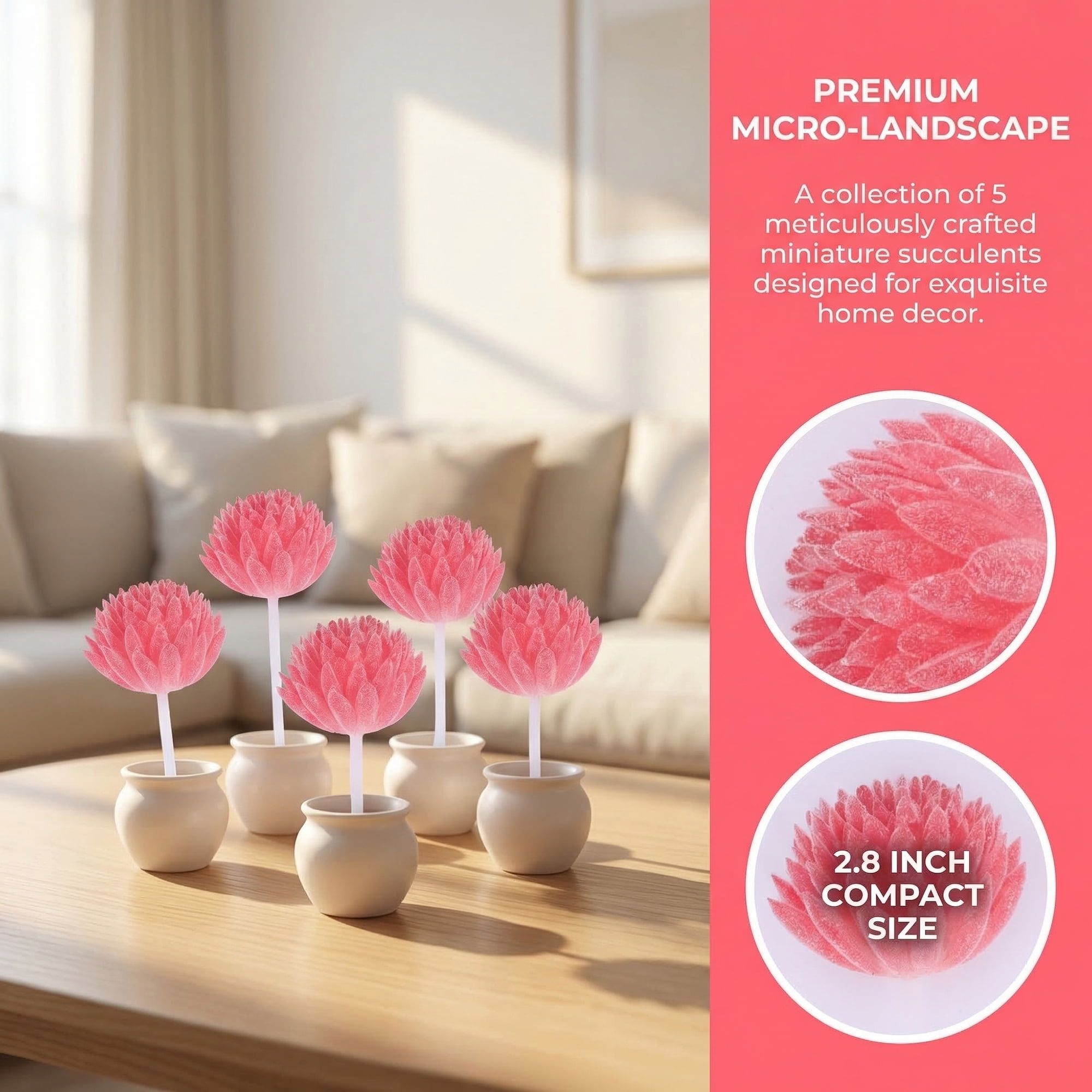 Unique Bargains 5pcs Flocked Artificial Succulents Deep Pink 7.0"